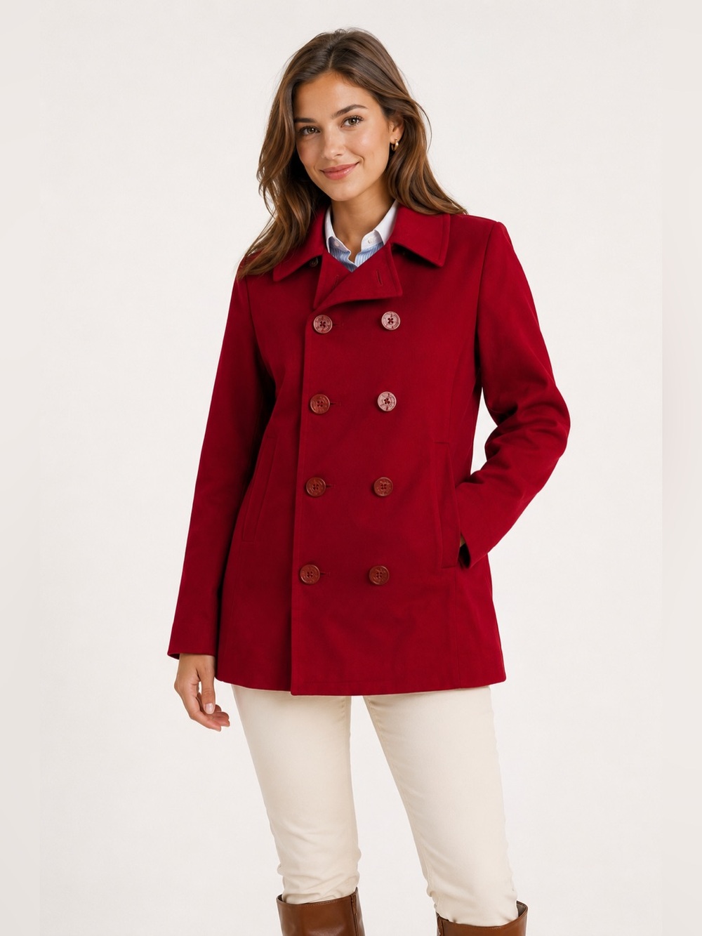 Lauren Ralph Lauren Red Cotton Double-Breasted Peacoat Sz. S